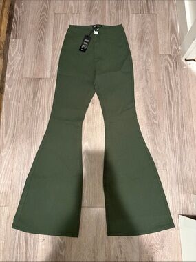 Olive Green High-Rise Flare Jeans